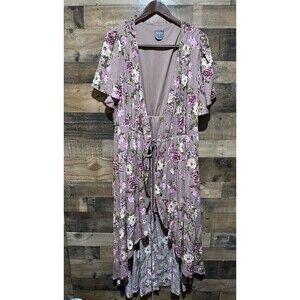 Arula C Mauve Floral High Low Short Sleeve Flowy Ruffle Tie Waist 3X